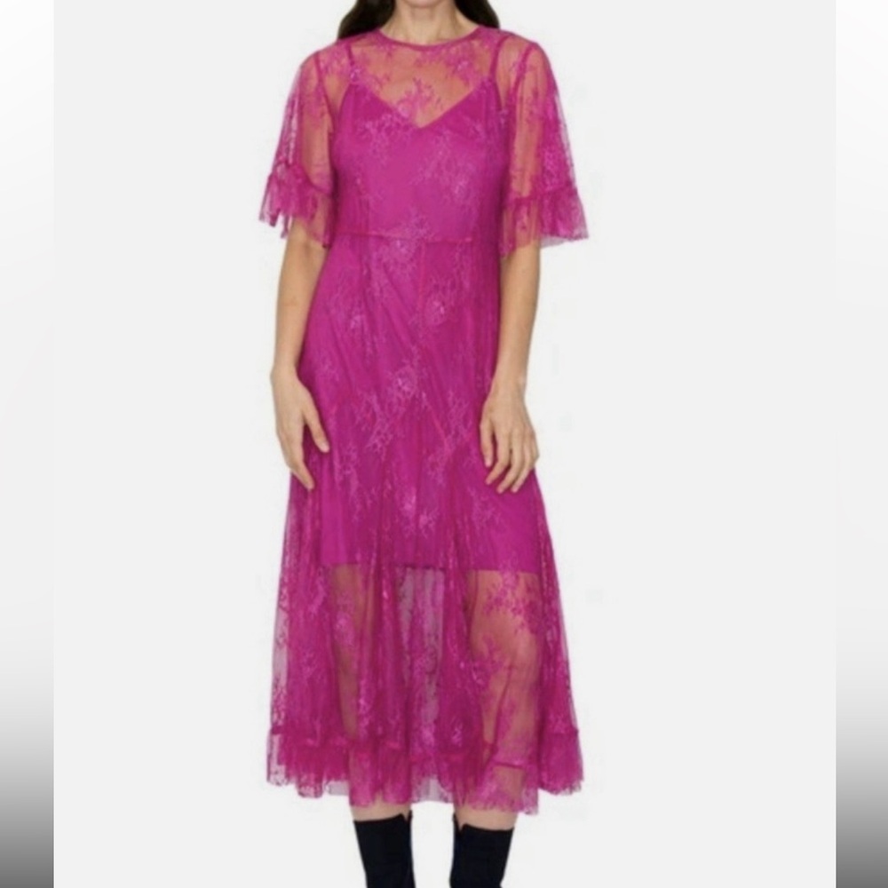 Melloday Fuschia Pink Floral Lace Short Sleeve Cami Slip Sheer Midi Dress